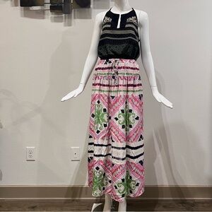 NWOT Melissa Lauren Geometric Colorful Print Bohemian Maxi 100% Silk Skirt Sz M